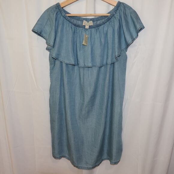 NWT Hinge Top One Size Blue Chambray Ruffled Elastic Neck - Picture 12 of 15